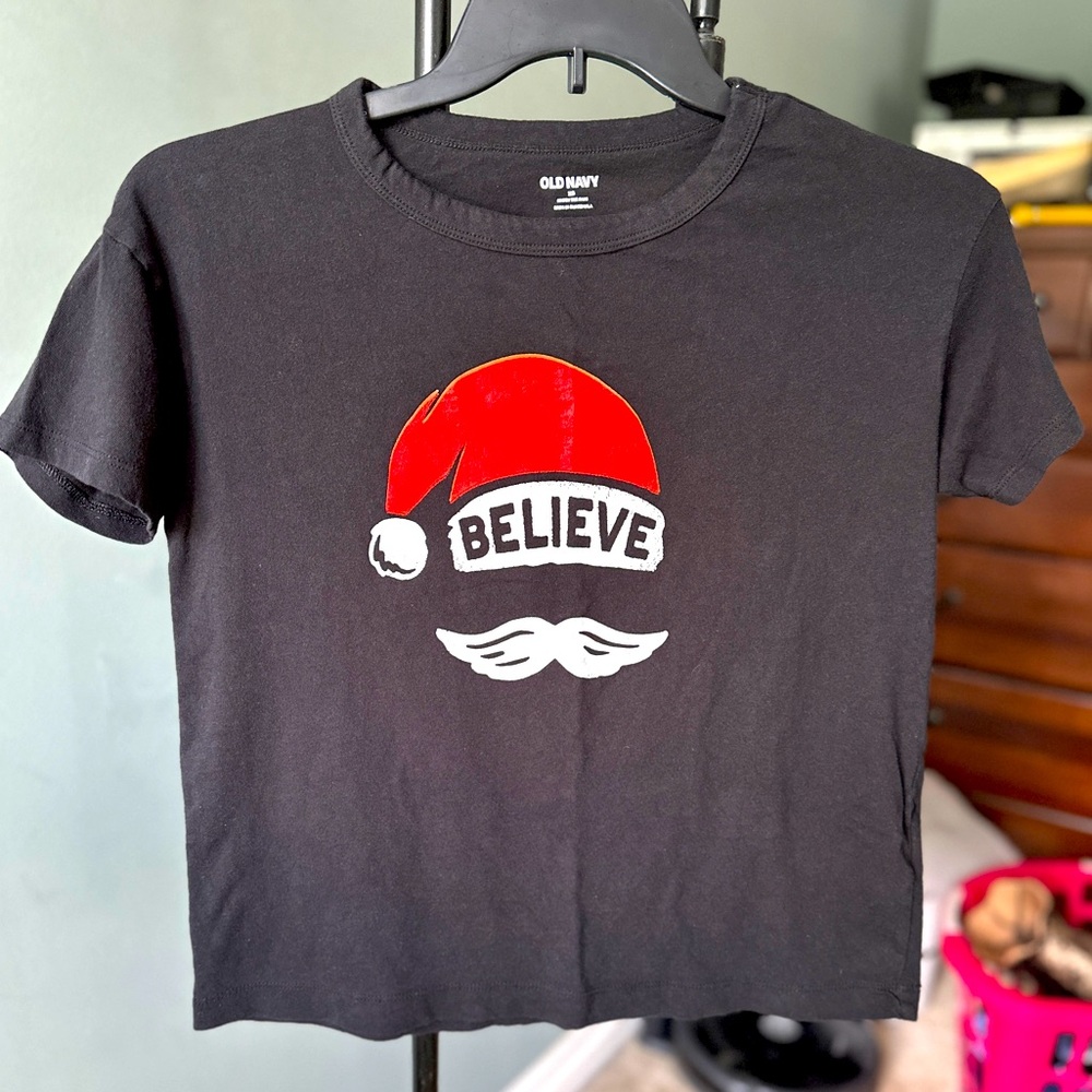 Last chance! Old Navy ladies black XS Christmas tee, “Believe” Santa hat